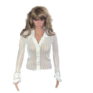 Women's Rayure Paris White Sheer Striped Long Sleeve Button Down Shirt